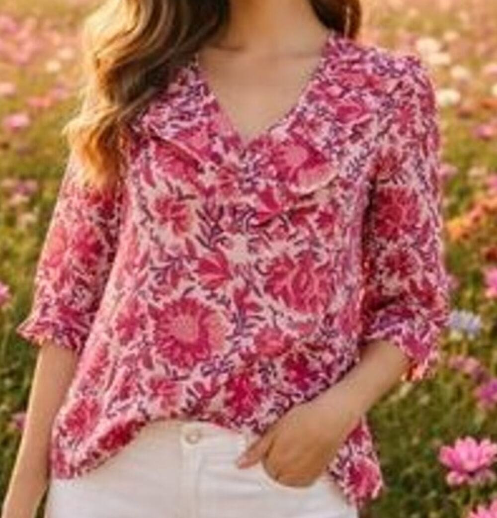 Evereve Floral 3/4 Sleeve Ruffle Trim V-Neck Blouse Top Pink White Small